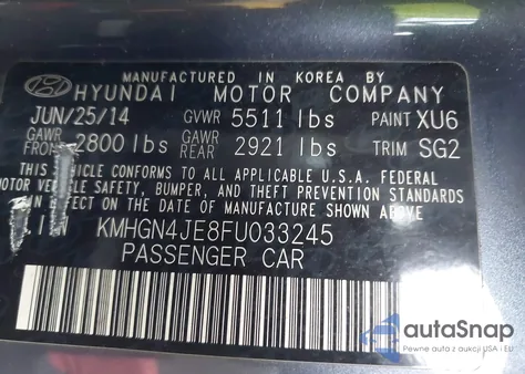2015 Hyundai Genesis 3.8 from USA, damaged, VIN KMHGN4JE8FU033245
